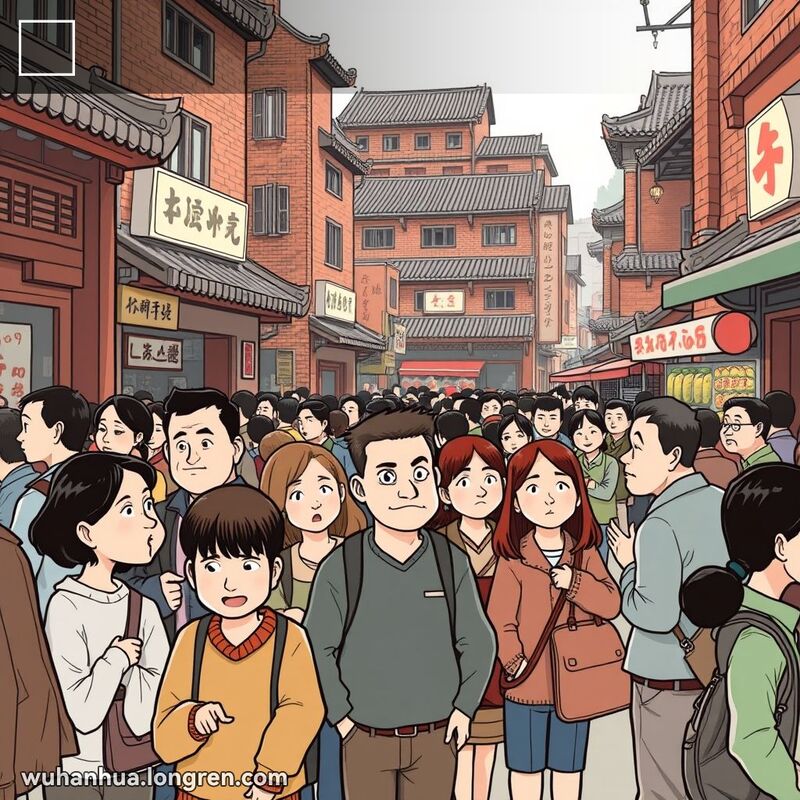 武汉街头，一群人排着不整齐的队伍，背景是老建筑和热闹的人群