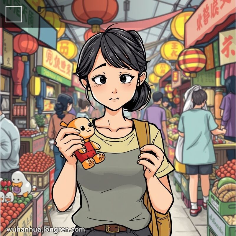 一位武汉女子在市场中手持一件粗糙的玩具，露出失望的表情，背景是热闹的市场场景