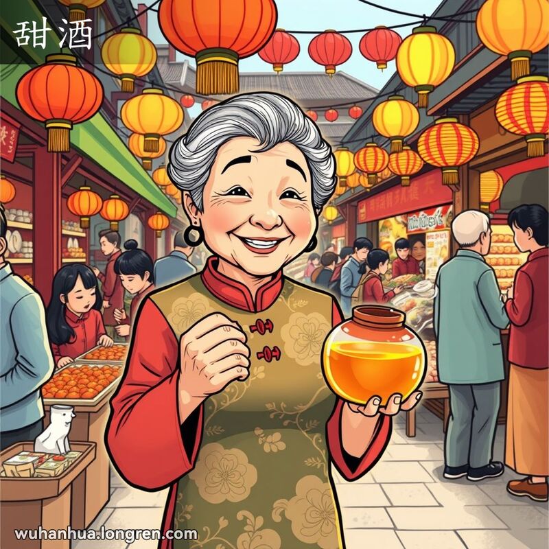 一位身穿旗袍的老妇人在武汉街市节庆中手持甜酒，微笑着向路人奉上，背景有彩灯和热闹的市场摊位