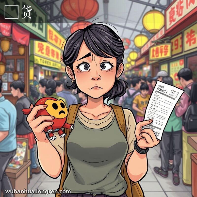 一位女士在武汉市场中手持破损玩具和收据，表情失望和愤怒，背景是热闹的市场场景