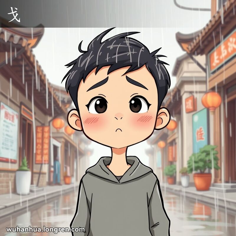 一位武汉市民在雨中淋湿了头部，表情惊讶且略显不满，背景是武汉街景，雨水倾盆而下