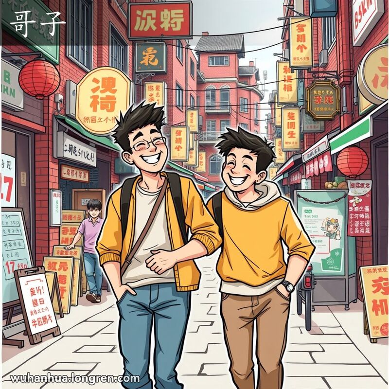 两位武汉年轻人手挽手走在热闹的街道上，背景是武汉的传统建筑和街边小摊，画面充满友好和亲切的氛围