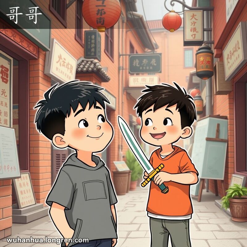 一位武汉小男孩站在巷子里，抬头仰望手持玩具剑的哥哥，脸上带着崇拜和尊敬的表情，背景是武汉老街景