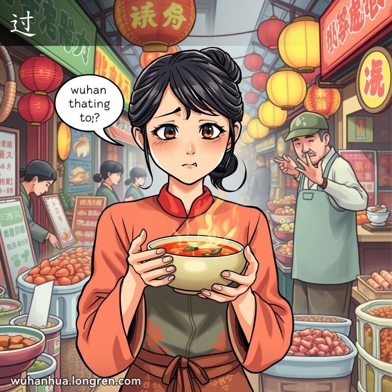 一位年轻女子在武汉市场中手持热汤，表情显得沮丧，背景中摊贩做出抱歉手势，暗示汤太辣。