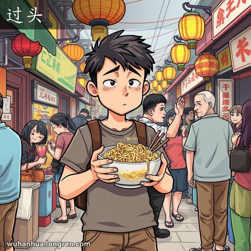 一位年轻人在武汉街市中手持大碗面条，表情尴尬，背景是摊贩摇头和热闹的市场