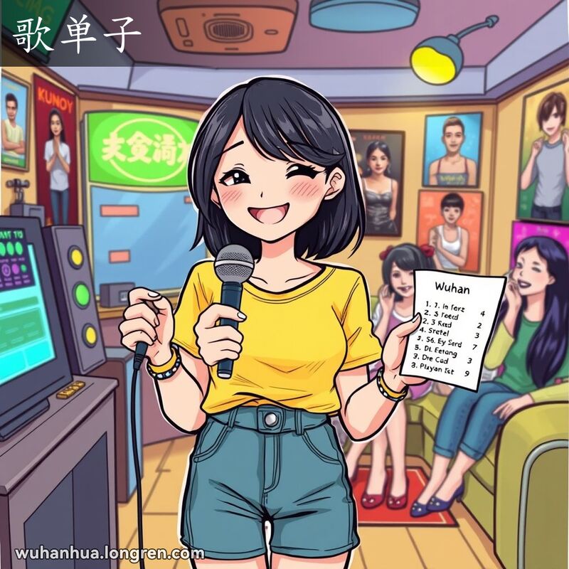 一位年轻的武汉女子在KTV包厢内，手持麦克风和歌单子，背景有KTV机器和朋友
