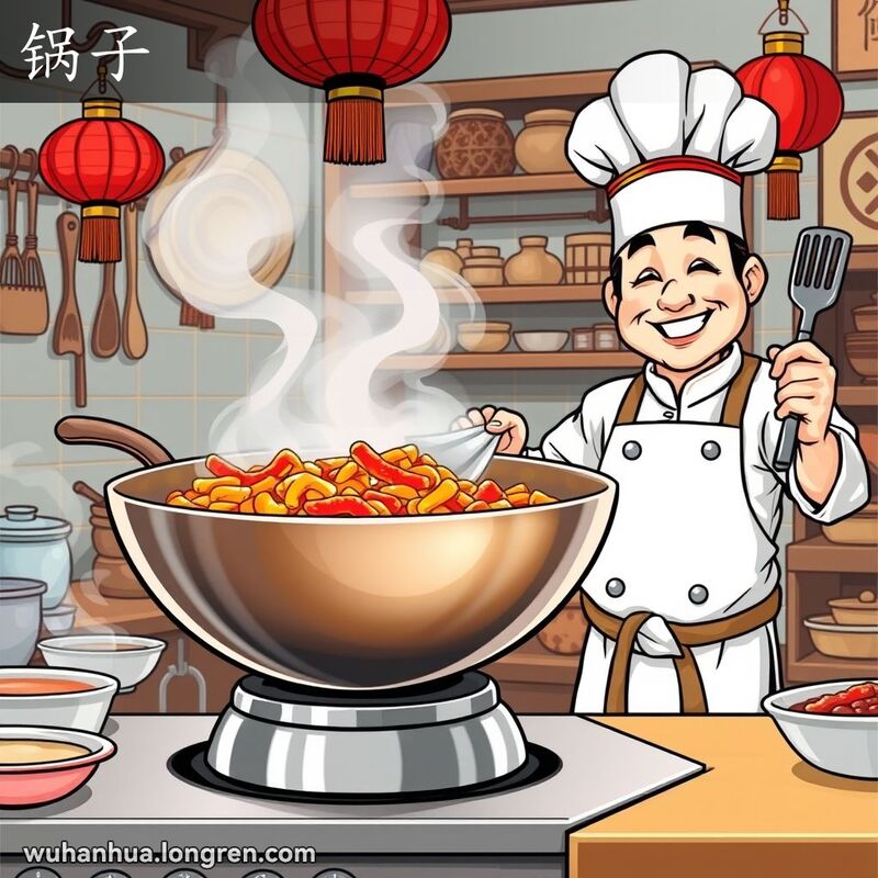 一个繁忙的武汉厨房，厨师站在炒着食物的钢精锅旁，背景有厨具和红灯笼。