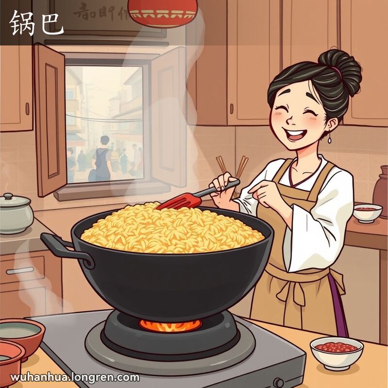 一个传统的武汉厨房，妇女正在揭开锅盖，露出锅底的金黄色锅巴，背景是温馨的厨房和繁忙的街道