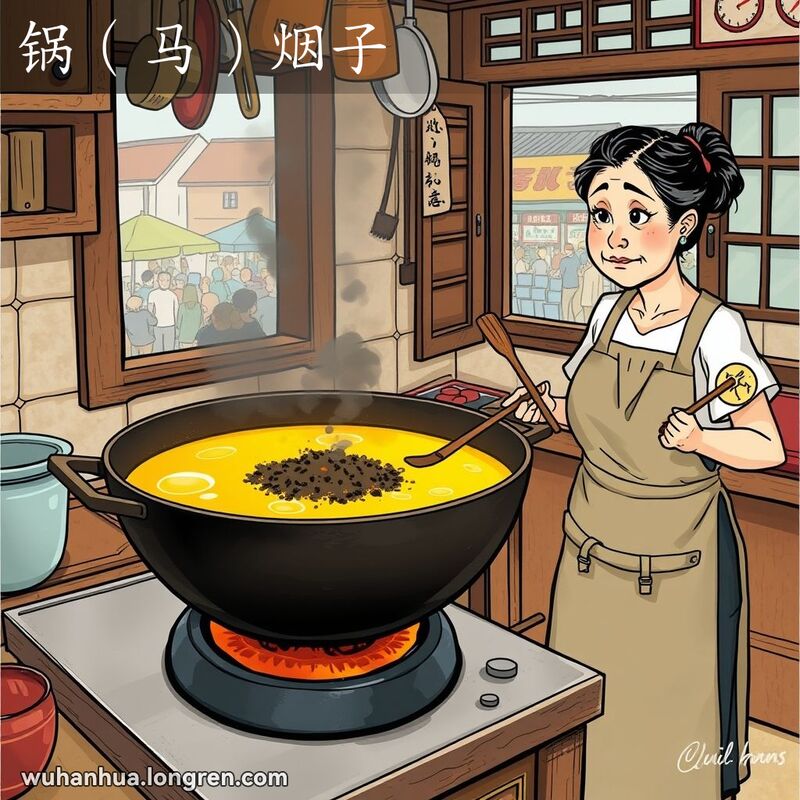一位中年妇女在传统武汉厨房中，看着锅底的黑色烟灰，背景是中式厨房元素和热闹的街市景象。