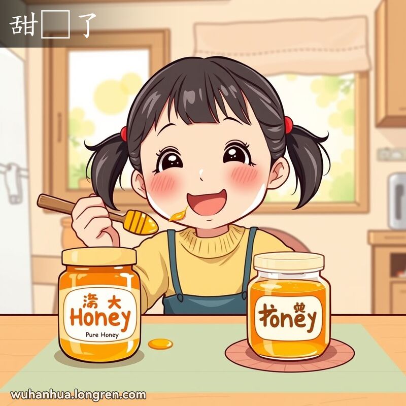 一个小女孩在厨房里品尝蜂蜜，脸上露出极度满足和惊喜的表情，背景是温馨的家庭厨房