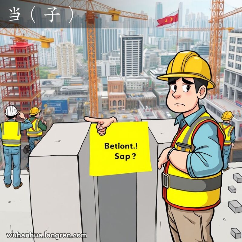 武汉建筑工地上，工人指着两块混凝土板之间的大缝隙，表情严肃，突显“当（子）”的含义。