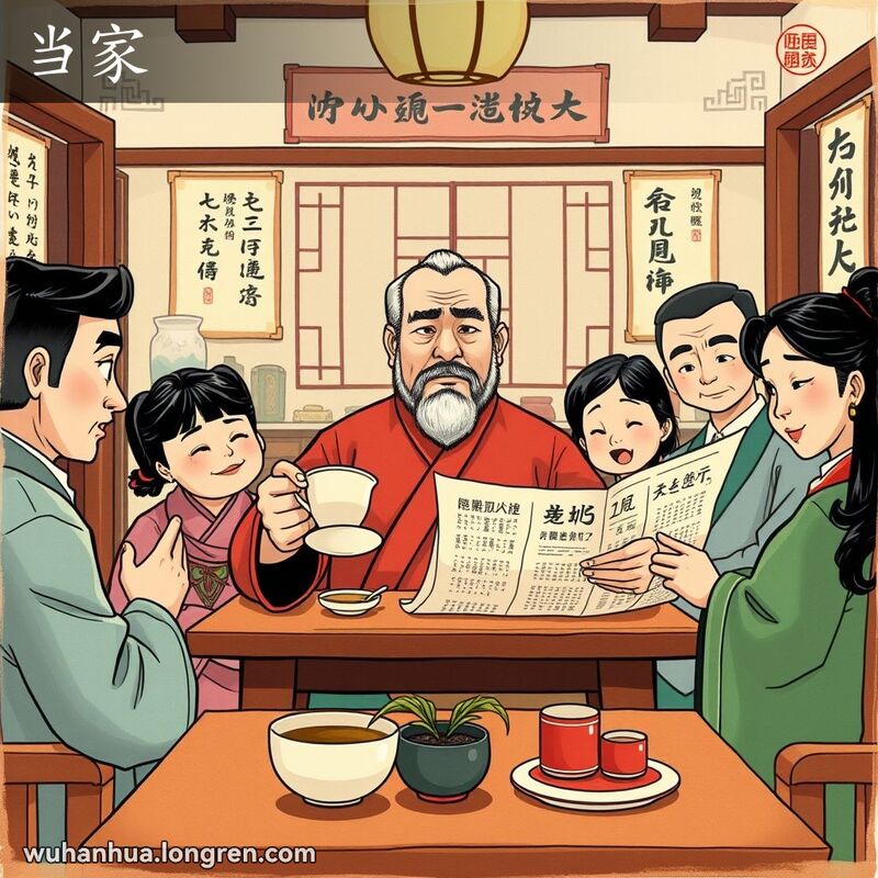 一个中年男子在家庭聚会中坐在首位，手持茶杯和报纸，家人们怀着敬意看着他，背景是传统的中国家具和书法挂轴