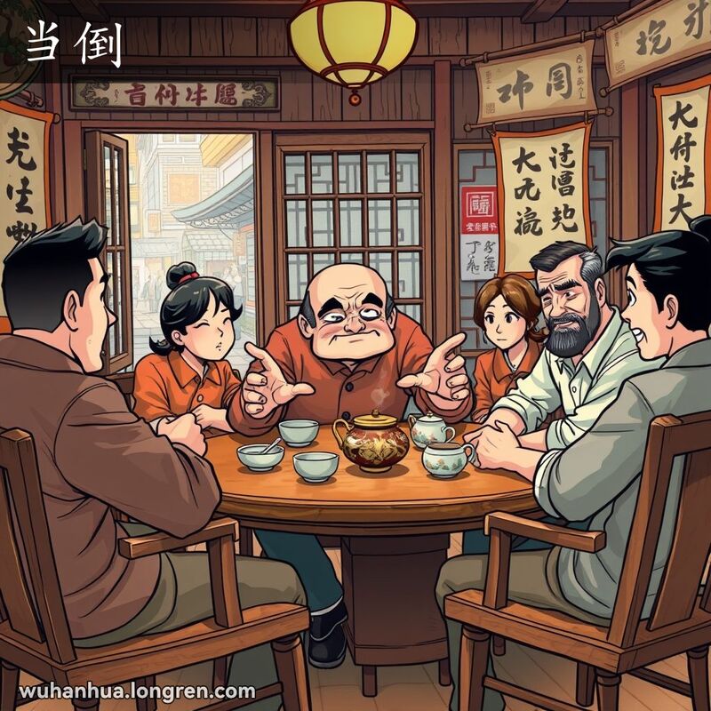 一位中年男子在茶馆中面对一群人，神情严肃地进行交谈，背景有传统茶具和书法挂轴