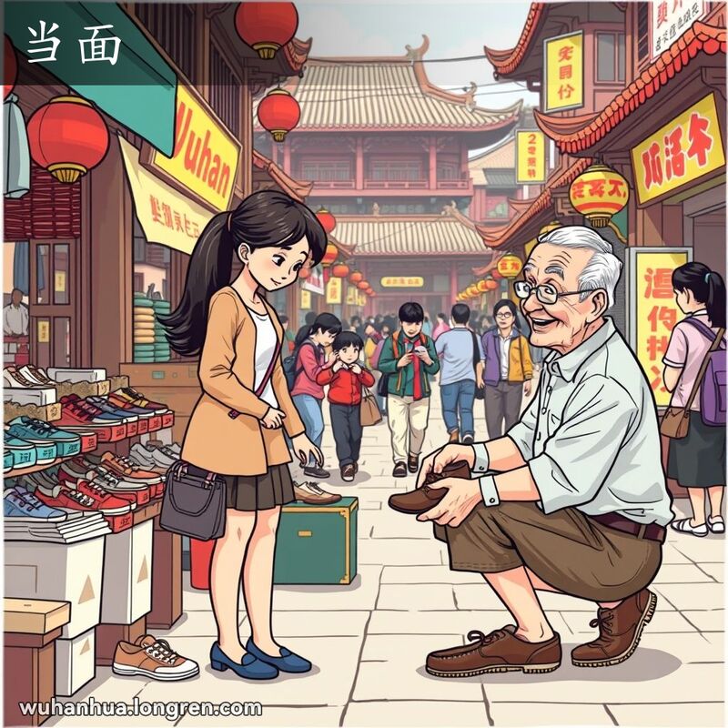 一位年轻女子在武汉街头市场试穿鞋子，背景是繁忙的市场和热闹的人群