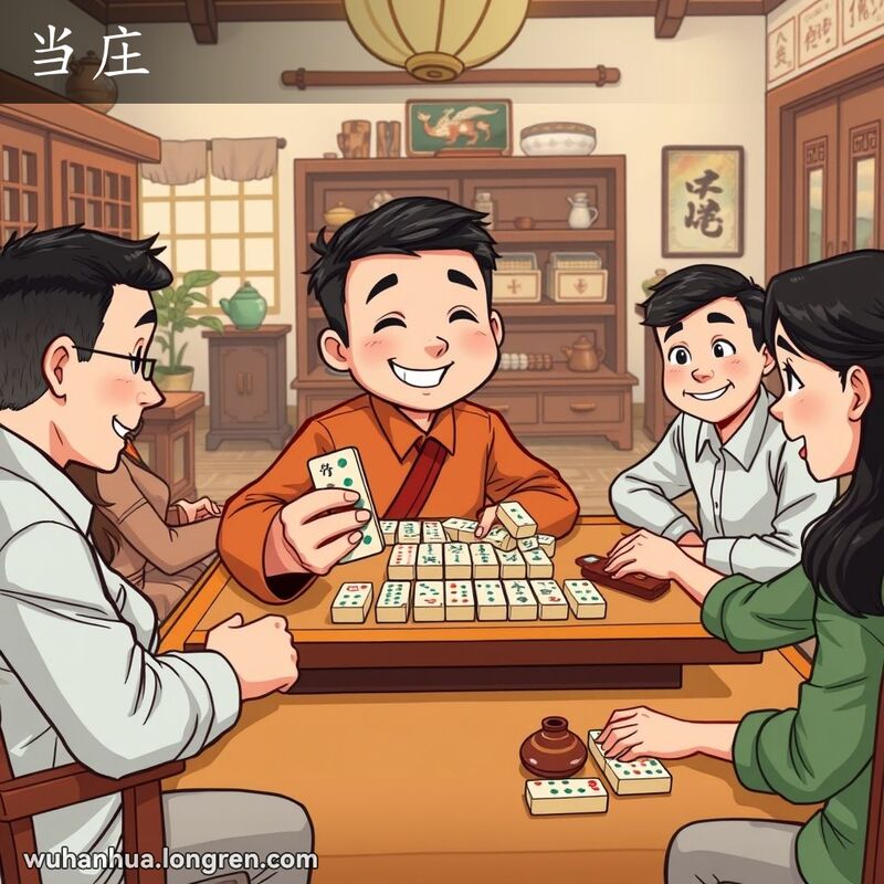 四位玩家围坐在麻将桌旁，其中一位自信地微笑着，手持麻将牌，明显是这一局的庄家，背景是武汉家庭装饰。