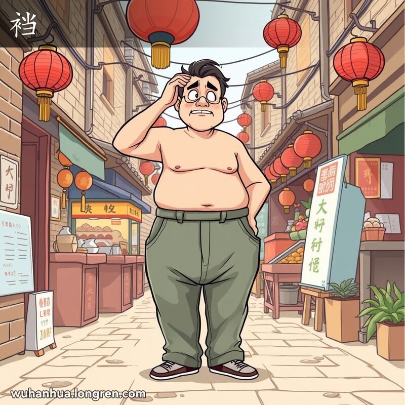 一位男子穿着裆部过大的裤子站在武汉街头市场，背景有红砖墙和小摊贩。