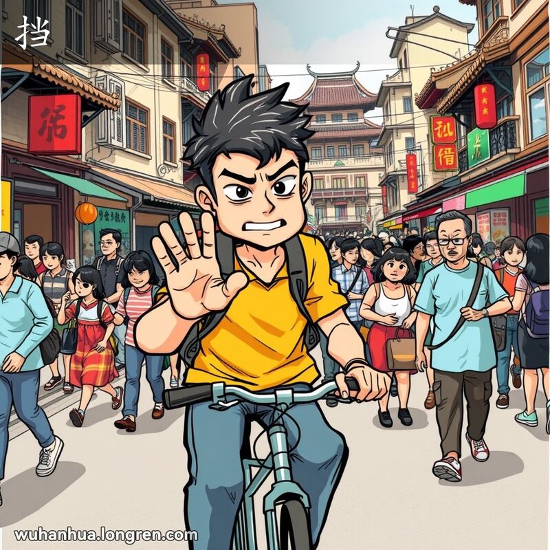 一位年轻的自行车骑手在武汉繁忙的街道上被行人挡住，做出阻止的手势，背景是武汉老街景