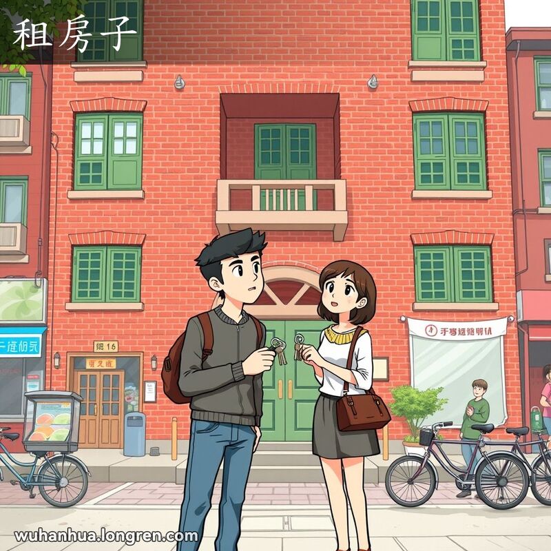 一对年轻情侣站在武汉传统公寓楼前，手持钥匙，脸上带着兴奋和紧张的表情，背景是武汉街景