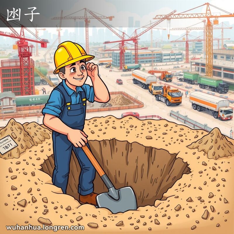 一位武汉建筑工人正在挖一个大坑，背景是繁忙的施工现场。