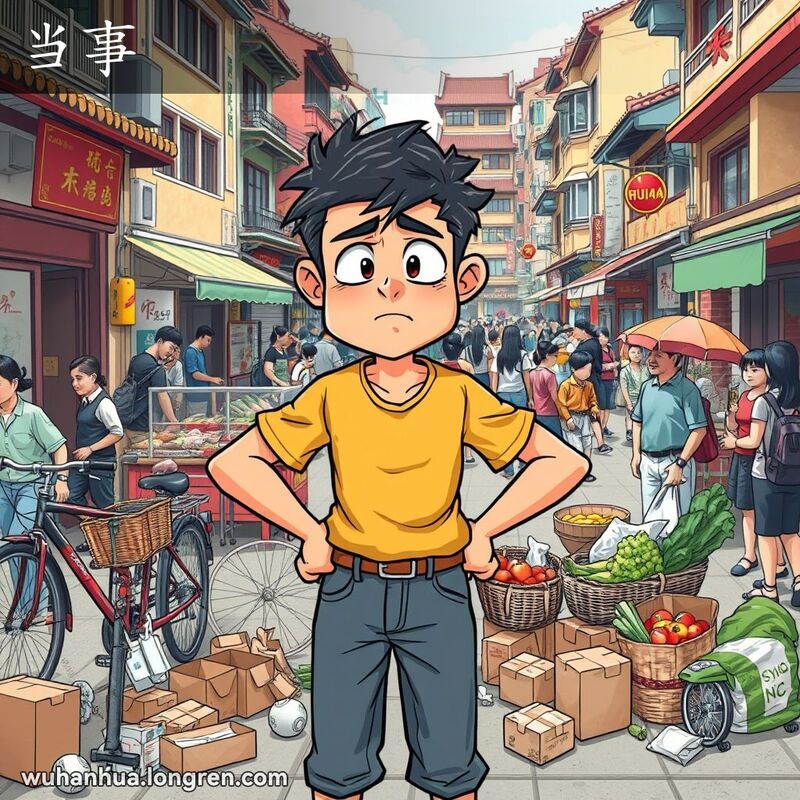 一位年轻男子在武汉街头，双手叉腰，露出困惑的表情，周围散落着各种物品，背景是热闹的老街景。