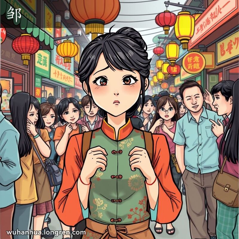 一位年轻的武汉女子在市场中，表情尴尬，手足无措，背景是热闹的市场景象