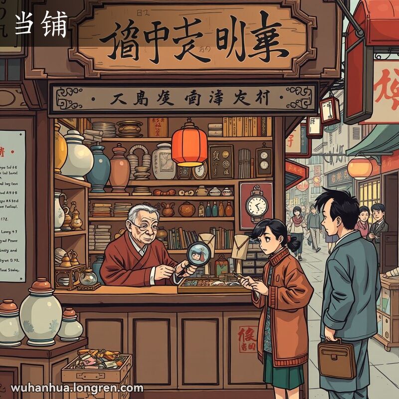 一家传统当铺，老店主在柜台后检查珠宝，顾客手持贵重物品，背景是忙碌的武汉街道
