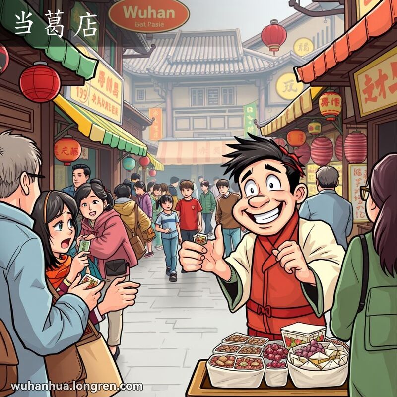 武汉老街市场，摊主热情推销商品，顾客好奇围观，背景有其他摊贩和行人。
