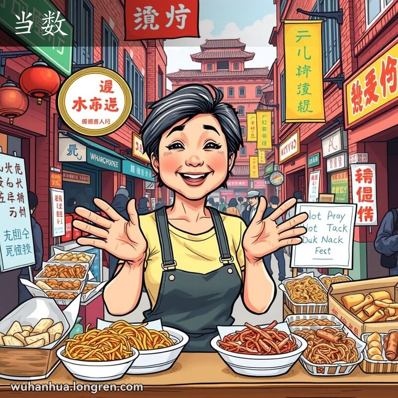 一位中年妇女在武汉市场摊位后，准备为顾客服务，背景是红砖建筑和五彩横幅