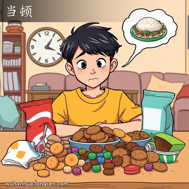 一个年轻人坐在桌前，面前摆满零食，表情失望，背景是温馨的家庭环境，墙上的钟表显示用餐时间，思想泡泡中展示了简单正餐。