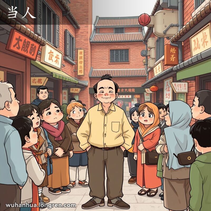 一群人围绕着一个自豪的男子，背景是武汉老街景，表达尊重和钦佩的情感