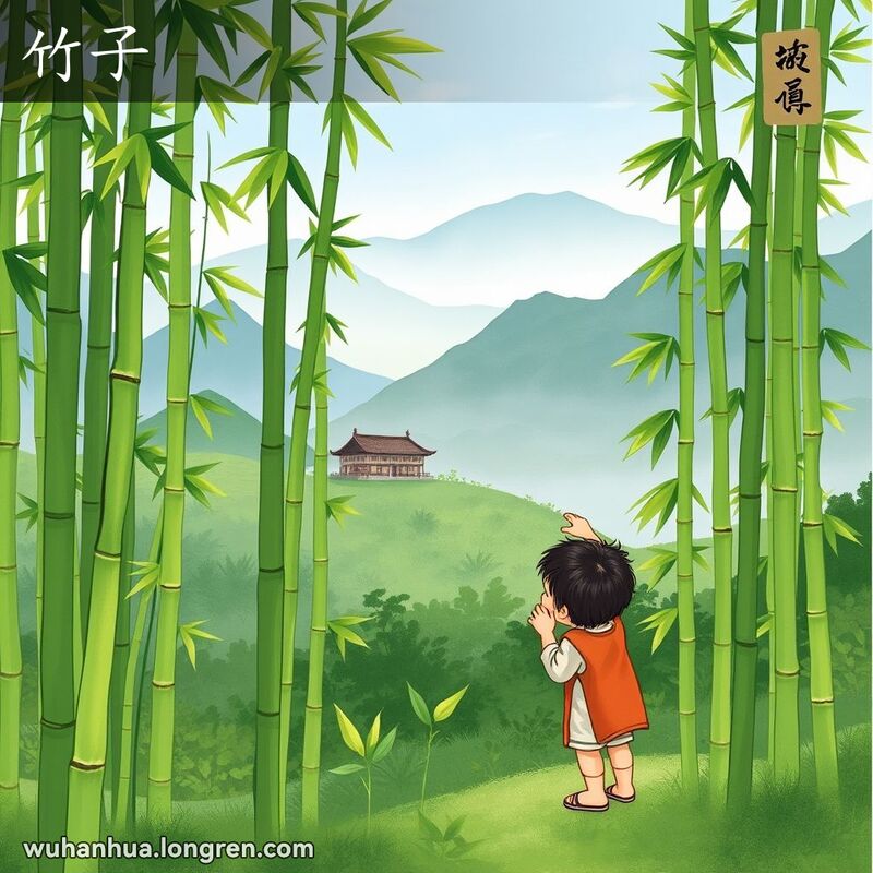 茂密的竹林，孩子触摸竹子，背景是传统中国山水画风景，竹笋嫩绿可食用