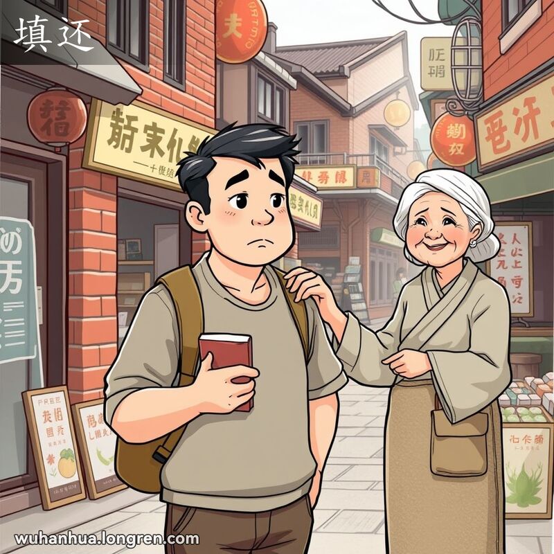 一位中年男子在武汉老街小店前，手持小本子，神情忧虑，背后有朋友安慰，店主是和蔼老妇人，象征偿还人情。