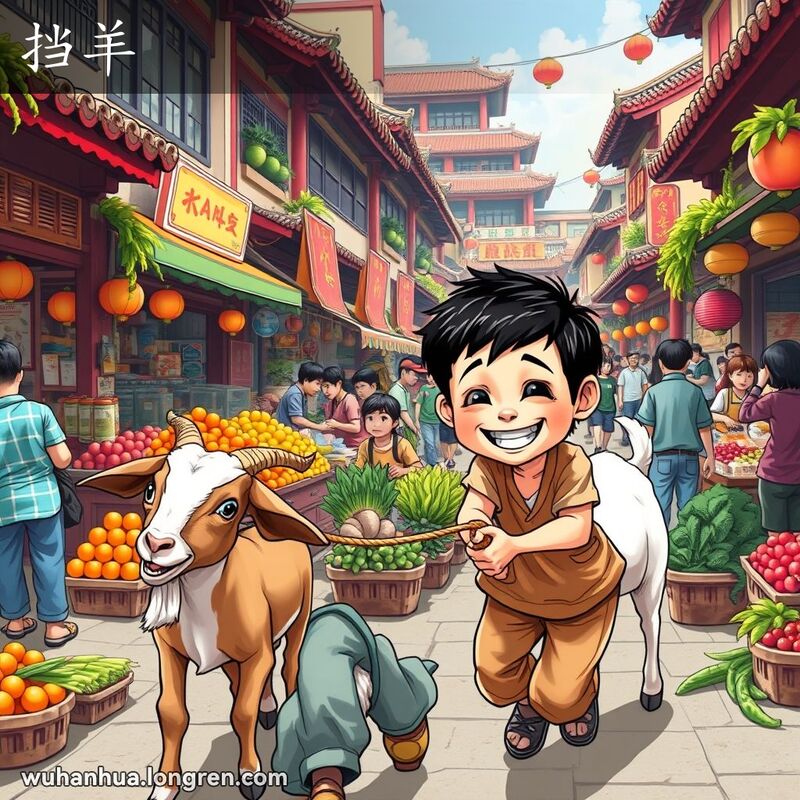 一个小男孩在武汉市场上顽皮地拉着一只山羊，背景是繁忙的市场和摊贩。