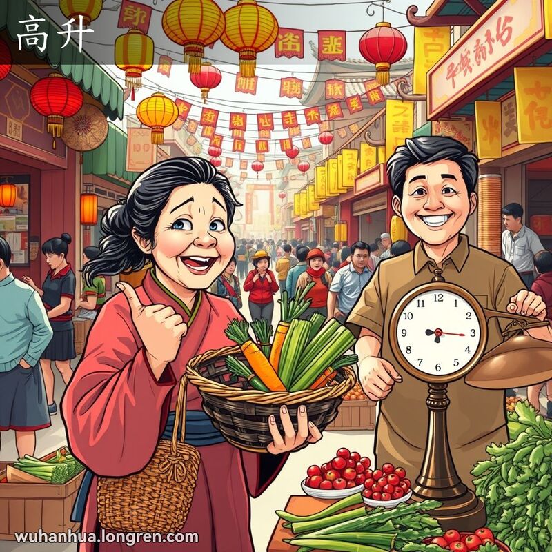 一位武汉妇女在市场与摊贩讨价还价，要求更高的价格，背景是热闹的市场摊位和灯笼。