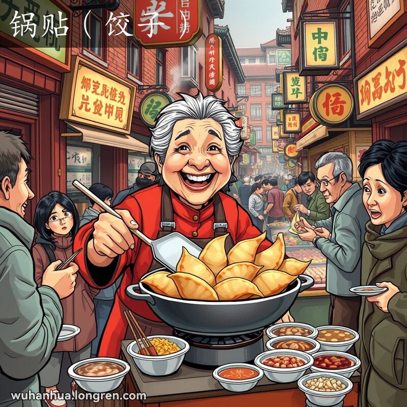 武汉街头市场，老妇人在摊位前煎制锅贴，顾客在旁边等待，背景有其他小吃摊贩