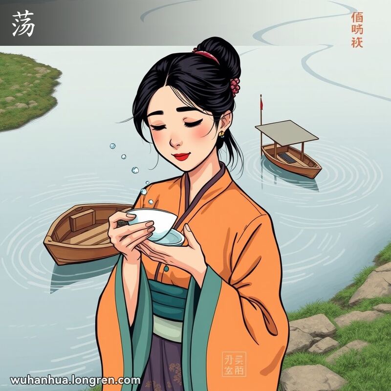 一位女子在河边摇动杯子冲洗，背景中小木船在河面上摇晃