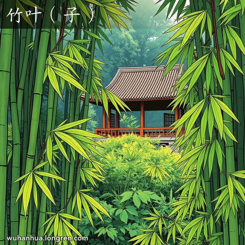 茂密的竹林中，竹叶在微风中轻轻摇曳，背景有中式亭子和更多竹子。