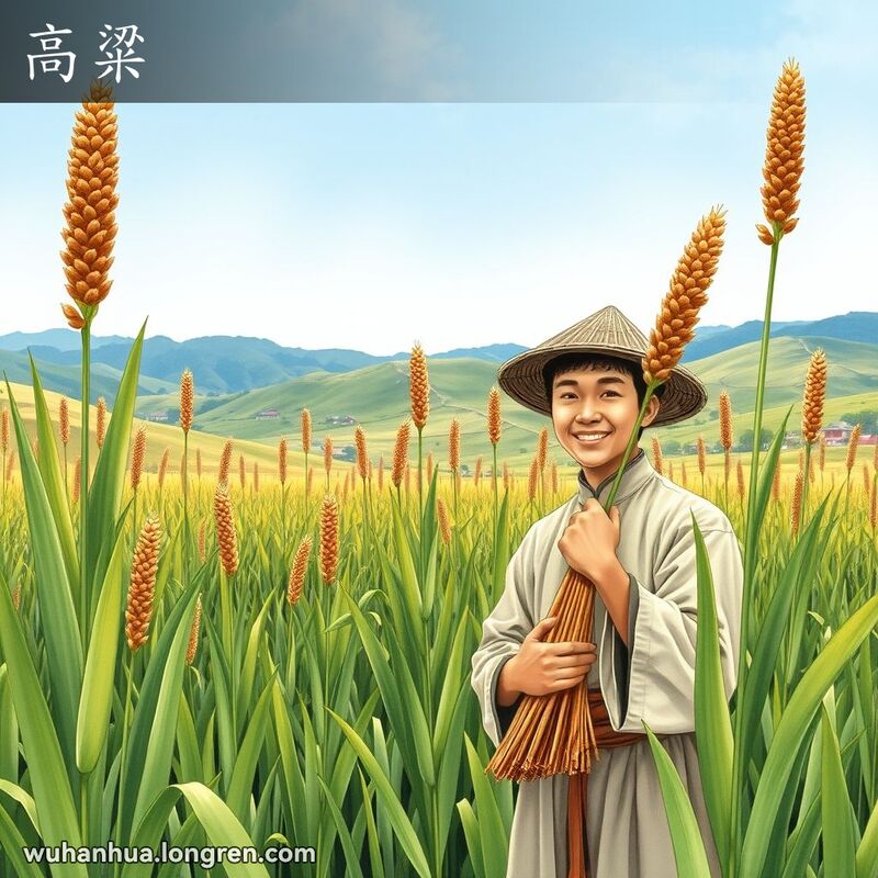 农田中高粱植株随风摇曳，农民手捧高粱，背景是乡村风光