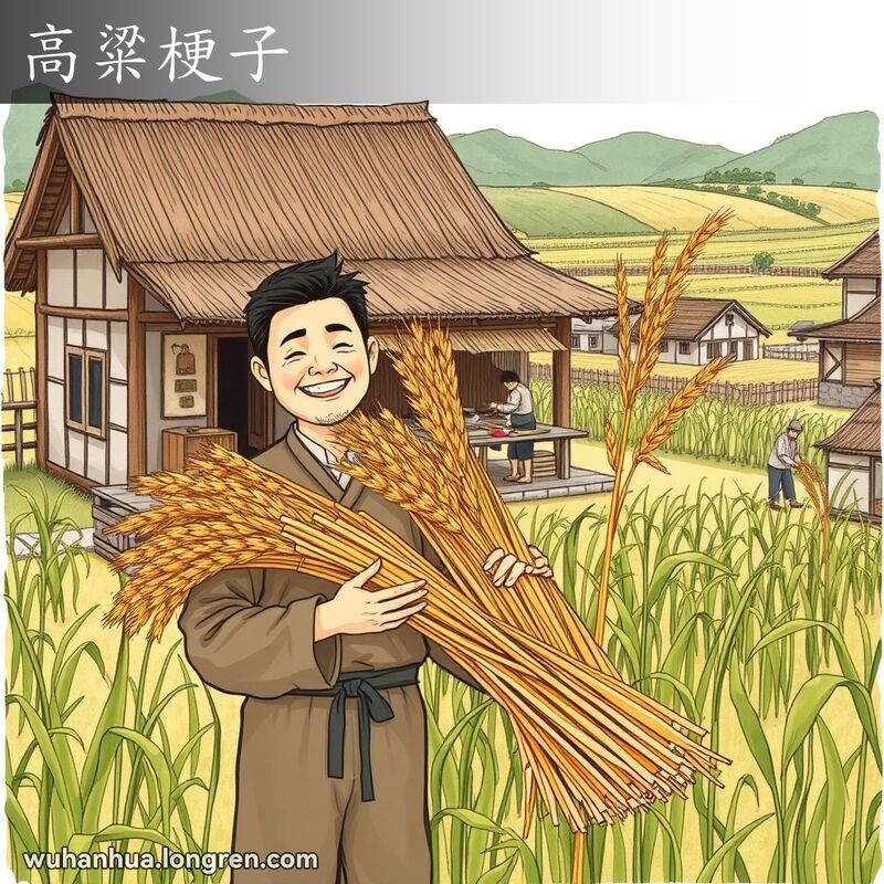 一位武汉农民手持高粱杆，背景有编织席子的工作区和高粱田