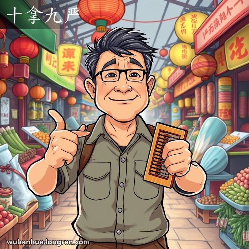 一位中年武汉男子在市场中手持算盘，神情自信，背景是繁忙的市场摊位