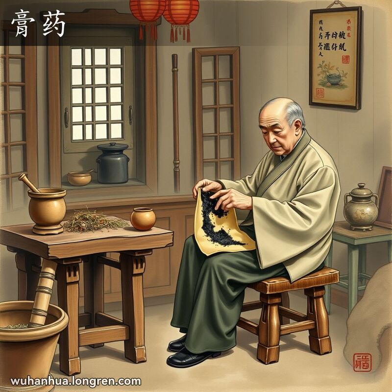 一位武汉老人在家中制作并使用传统膏药，背景是温馨的老式房间，桌上有草药和制作工具