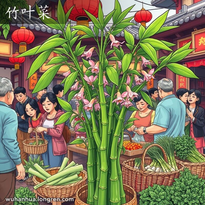 武汉街市上的蔬菜摊，展示“竹叶菜”及其特征，周围是忙碌的居民和传统建筑