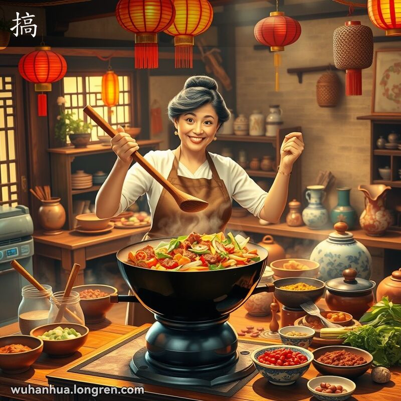 一位中年妇女在厨房用长木勺搅拌锅里的食材，背景是传统中式厨房