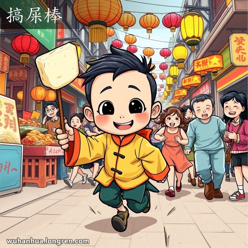 一个调皮的孩子手持臭豆腐棍子追逐朋友，背景是热闹的武汉街头市场