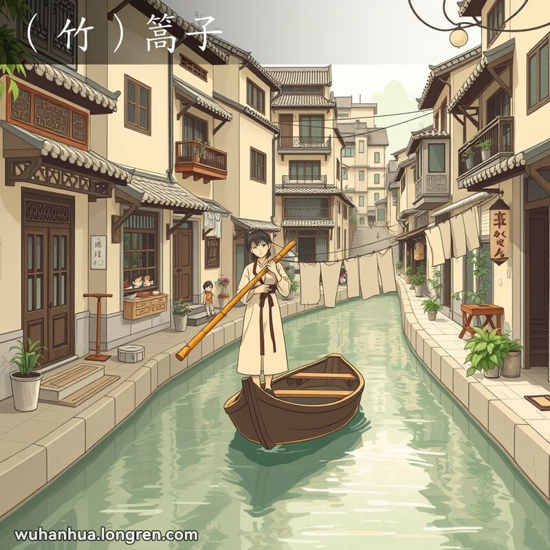 一位武汉市民站在小木船上，用竹竿挂湿衣服，背景是武汉的传统街景和运河