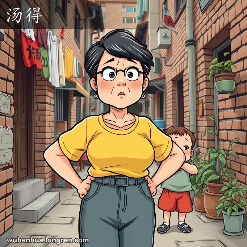 一位中年武汉妇女站在巷子里，双手叉腰，露出惊讶和不满的表情，背景中小孩在发脾气。