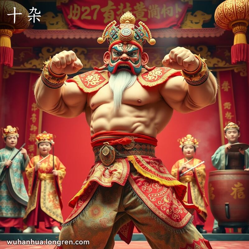 一个大花脸角色在汉剧舞台上表演，背景有其他演员和乐器，画面生动有力。