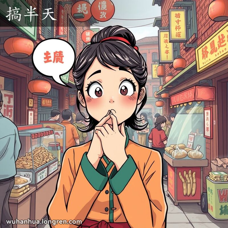 一位年轻女子在武汉街头市场中，突然恍然大悟，表情惊讶，背景是热闹的市场和老建筑