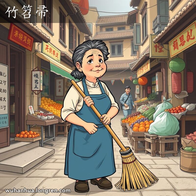 一位中年妇女在武汉传统街道的小店前用竹笤帚扫地，背景是热闹的市场和老式建筑