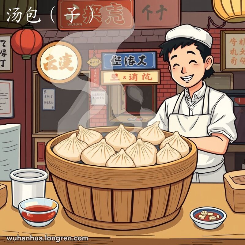 武汉街头小吃摊上的汤包（子），摊主微笑着将汤包放入蒸笼，背景是武汉老街景